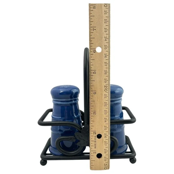 Longaberger Cornflower Blue Salt & Pepper Shaker Set w/ Black Wrought Iron Caddy - Picture 12 of 14